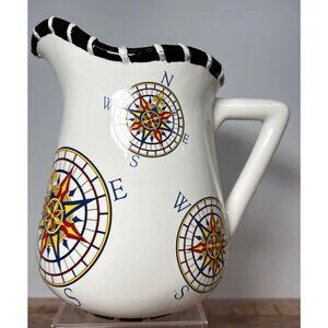 VTG Ceramic Compass Rose Design Pitcher With Handle & Decorative Rim No Chips